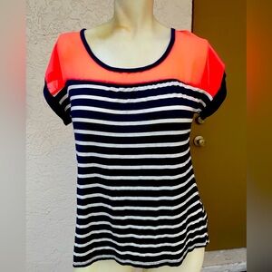 Nautical Striped Tee with Neon Orange and Navy Blue ,new with tags size M